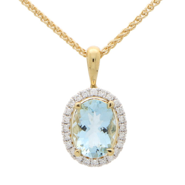 Oval Aquamarine and Diamond Halo Cluster Pendant in 18ct Yellow Gold