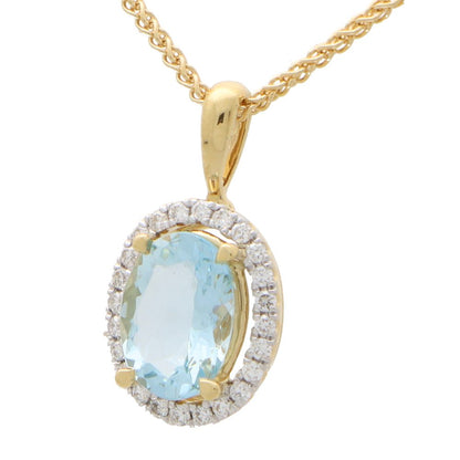 Oval Aquamarine and Diamond Halo Cluster Pendant in 18ct Yellow Gold