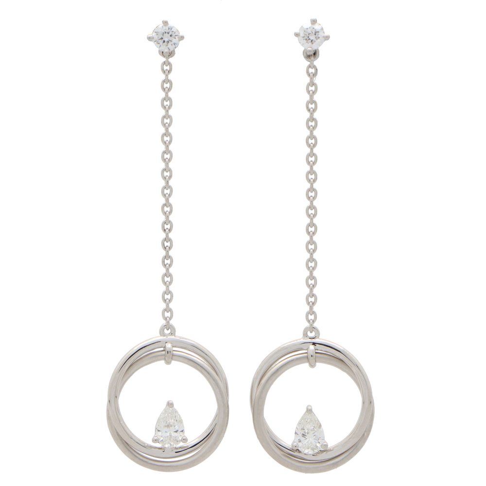 Pear Cut Diamond Drop Circle Earrings in 18ct White Gold