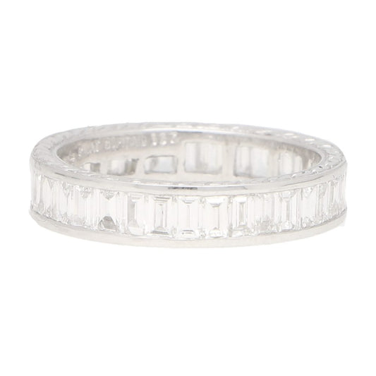 Art Deco Inspired 1.87ct Baguette Diamond Full Eternity Ring in Platinum; channel set with 36 baguette cut diamonds within 4mm band with hand carved spray detailing