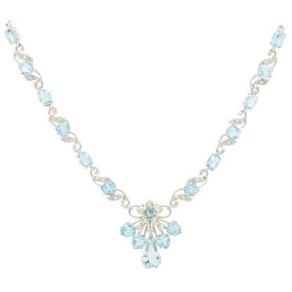 Aquamarine and Diamond Floral Cluster Spray Filigree Necklace