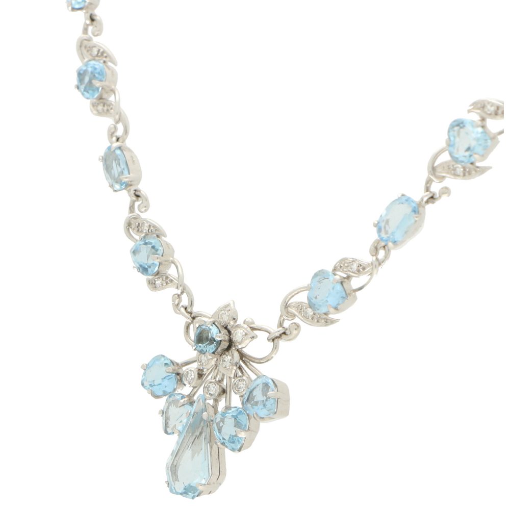 Aquamarine and Diamond Floral Cluster Spray Filigree Necklace