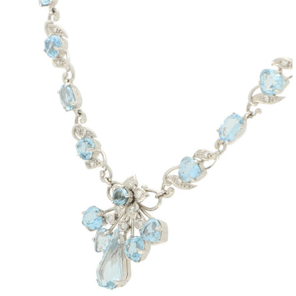 Aquamarine and Diamond Floral Cluster Spray Filigree Necklace