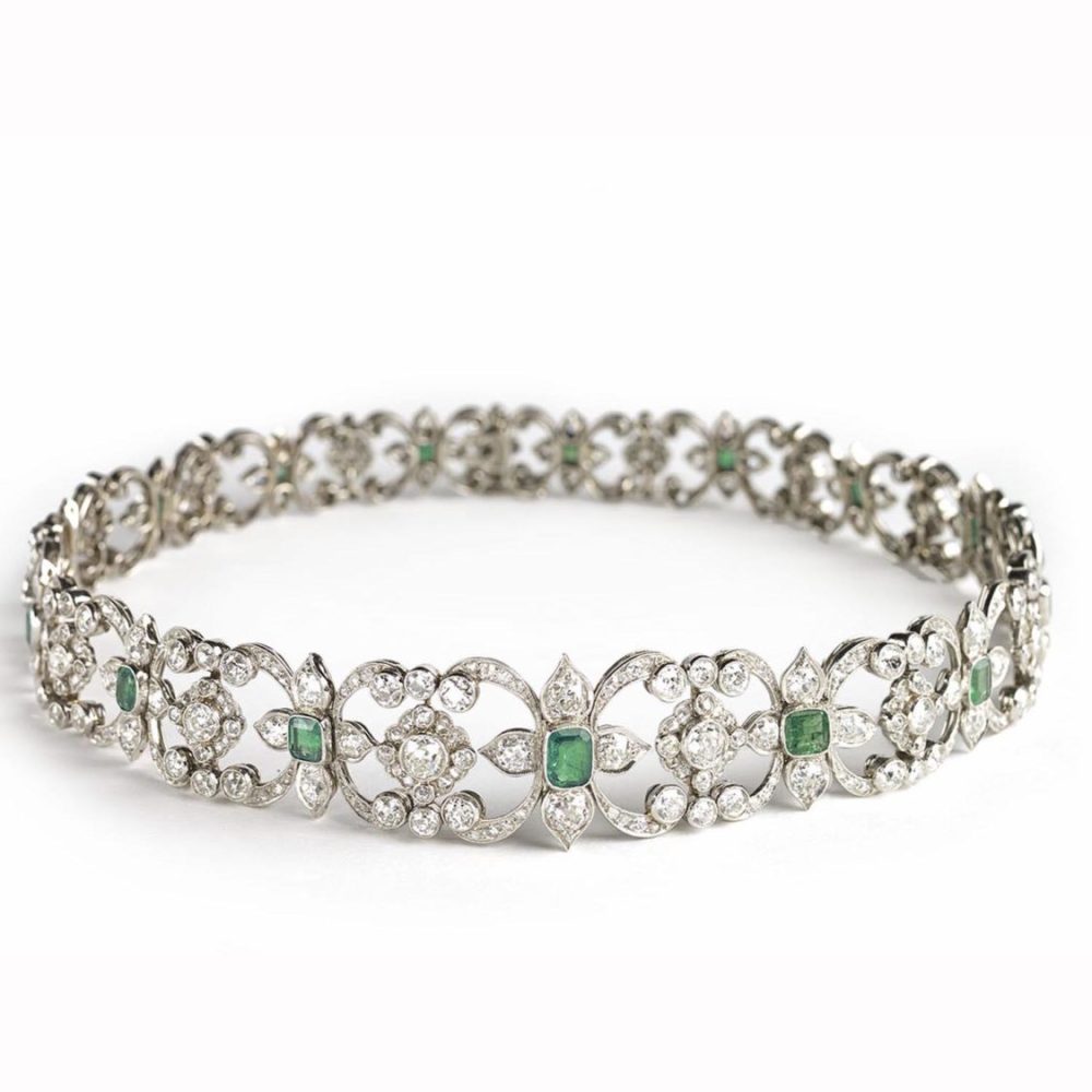 Edwardian emerald and diamond necklace bracelet