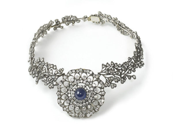 Antique Cabochon Sapphire Diamond Necklace