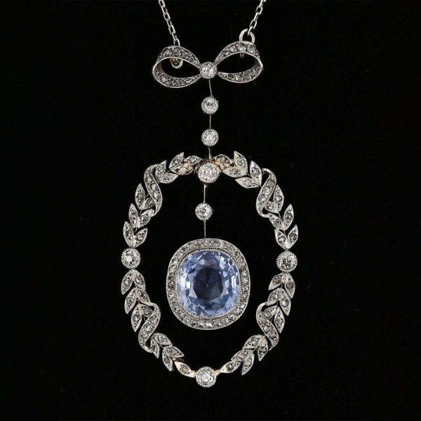 Antique Victorian 5.35ct No Treatment Cushion Cut Ceylon Sapphire and Diamond Pendant