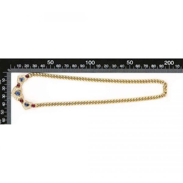 Contemporary 18ct Gold Heart Sapphire, Ruby and Diamond Curb Link Necklace