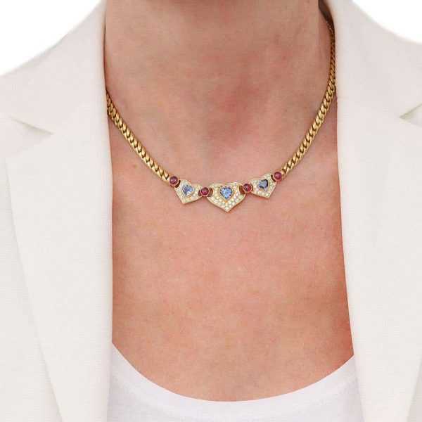 Contemporary 18ct Gold Heart Sapphire, Ruby and Diamond Curb Link Necklace