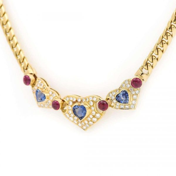 Contemporary 18ct Gold Heart Sapphire, Ruby and Diamond Curb Link Necklace