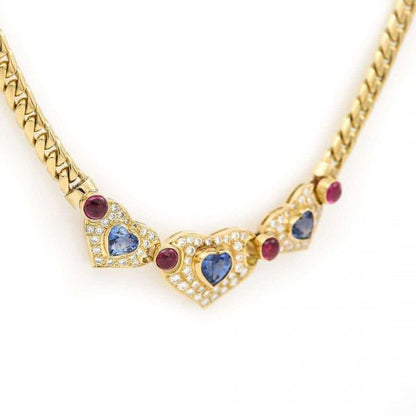 Contemporary 18ct Gold Heart Sapphire, Ruby and Diamond Curb Link Necklace