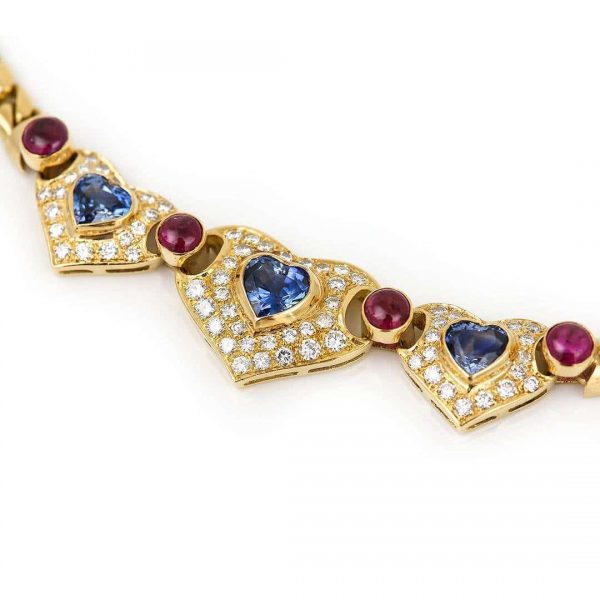 Contemporary 18ct Gold Heart Sapphire, Ruby and Diamond Curb Link Necklace