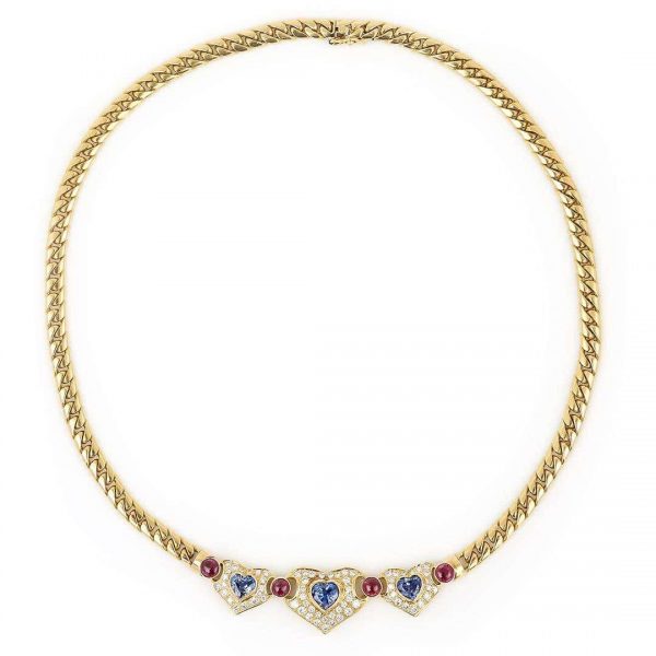 Contemporary 18ct Gold Heart Sapphire, Ruby and Diamond Curb Link Necklace
