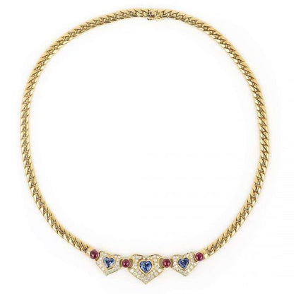 Contemporary 18ct Gold Heart Sapphire, Ruby and Diamond Curb Link Necklace