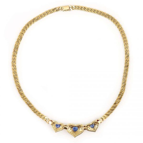 Contemporary 18ct Gold Heart Sapphire, Ruby and Diamond Curb Link Necklace