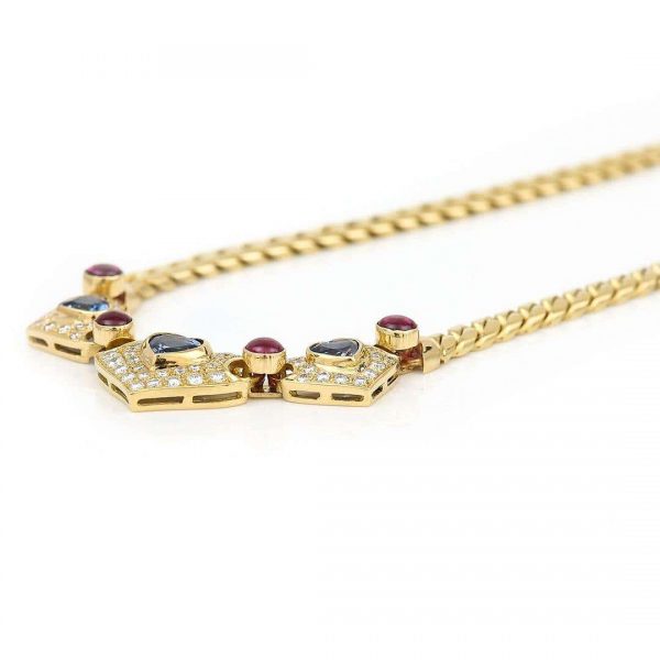 Contemporary 18ct Gold Heart Sapphire, Ruby and Diamond Curb Link Necklace