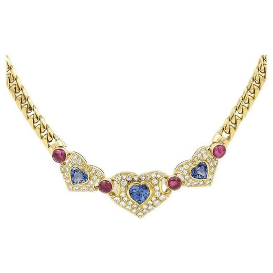 Contemporary 18ct Gold Heart Sapphire, Ruby and Diamond Curb Link Necklace