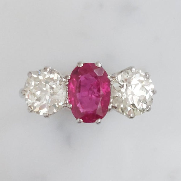 Natural 1.50ct Burmese Ruby and Diamond Three Stone Ring