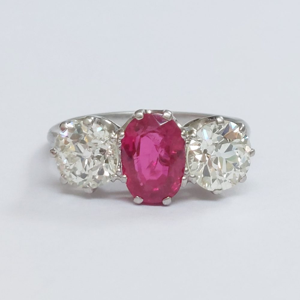 Natural 1.50ct Burmese Ruby and Diamond Three Stone Ring