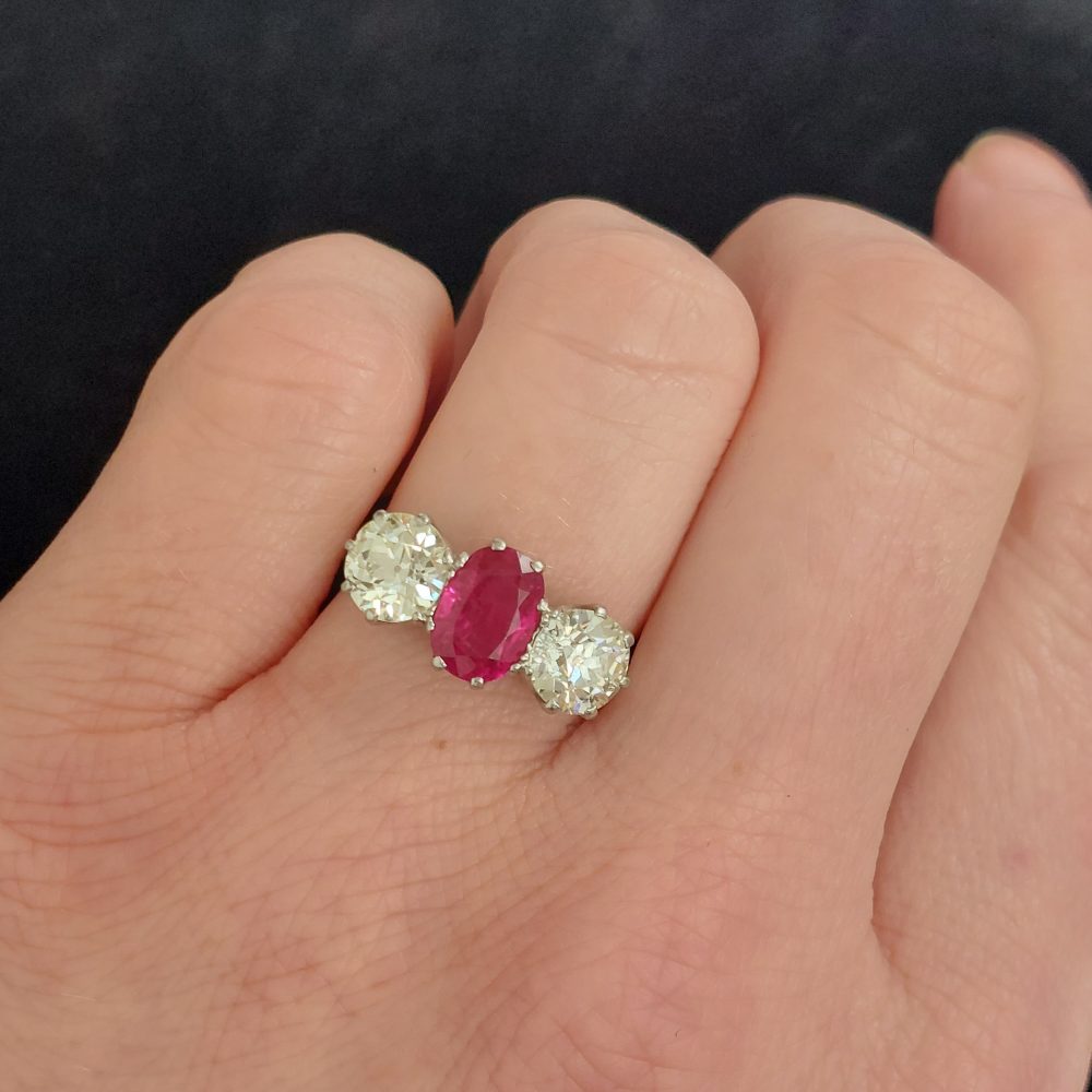 Natural 1.50ct Burmese Ruby and Diamond Three Stone Ring