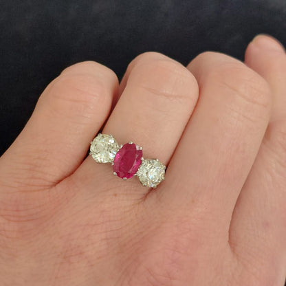 Natural 1.50ct Burmese Ruby and Diamond Three Stone Ring