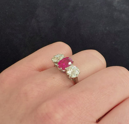 Natural 1.50ct Burmese Ruby and Diamond Three Stone Ring