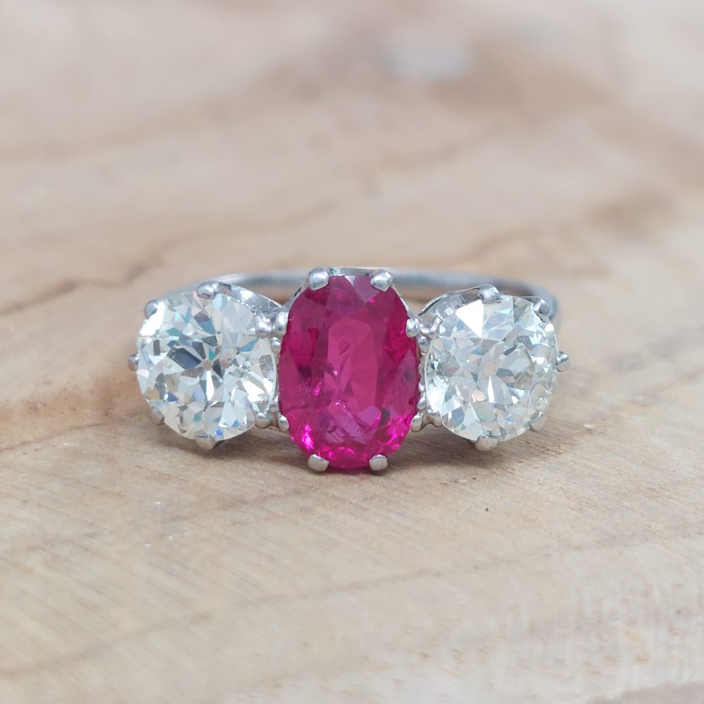 Natural 1.50ct Burmese Ruby and Diamond Three Stone Ring
