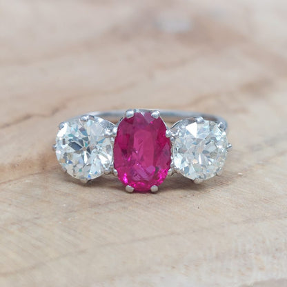 Natural 1.50ct Burmese Ruby and Diamond Three Stone Ring