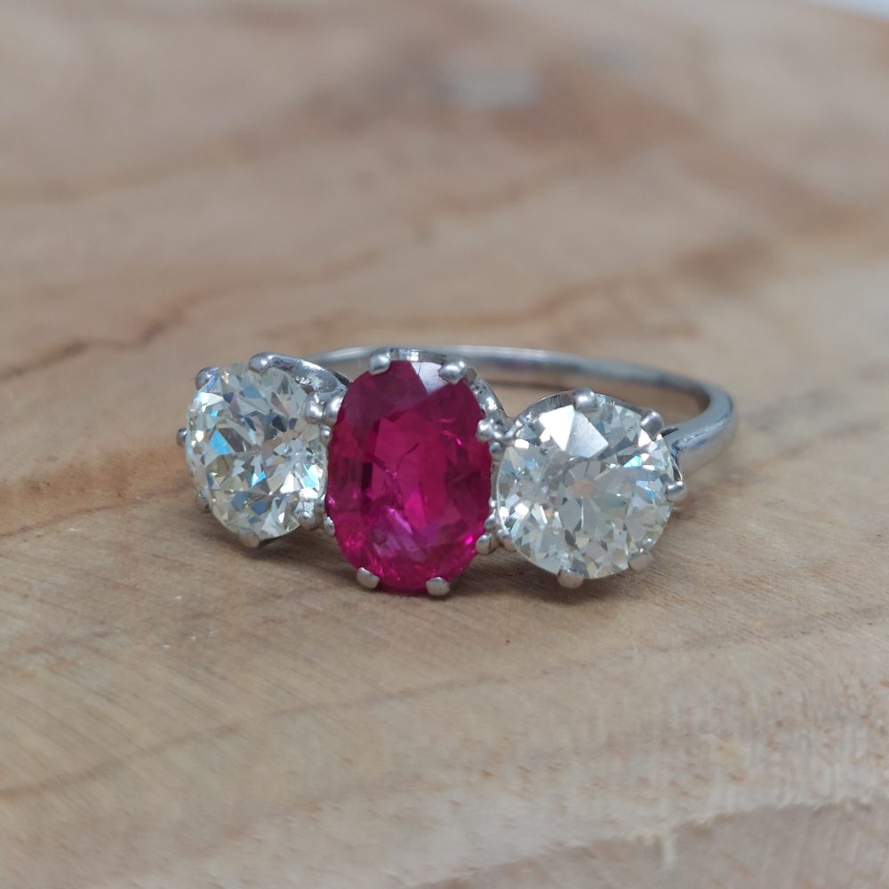 Natural 1.50ct Burmese Ruby and Diamond Three Stone Ring