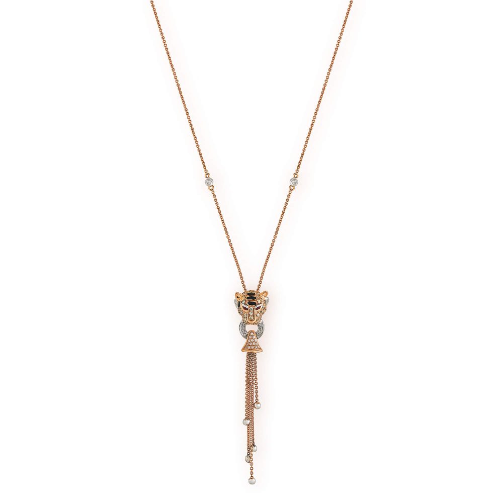 18ct Rose Gold Diamond Tigers Head Pendant Necklace with Rubies Enamel