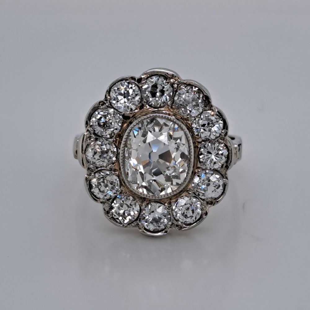 Antique Old Cushion Cut Diamond Cluster Ring, 3.63 carat total