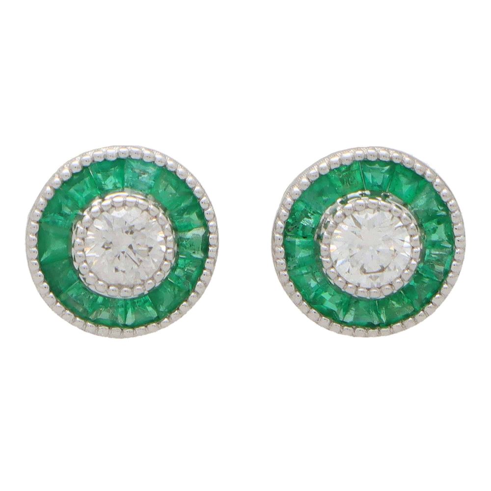 Emerald and Diamond Target Cluster Stud Earrings