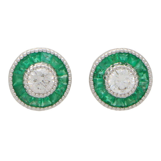 Emerald and Diamond Target Cluster Stud Earrings