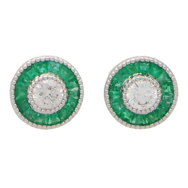 Emerald and Diamond Target Cluster Stud Earrings