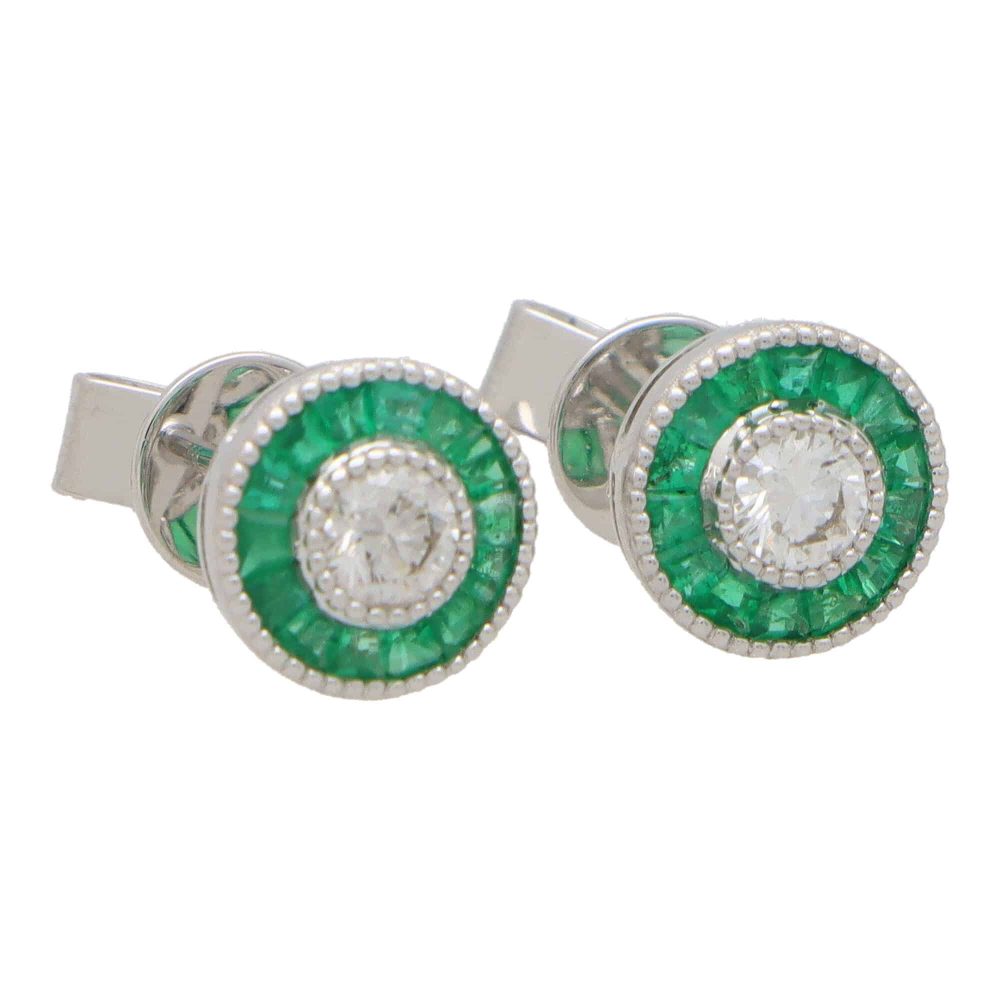 Emerald and Diamond Target Cluster Stud Earrings