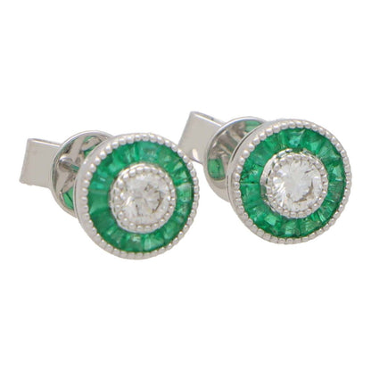 Emerald and Diamond Target Cluster Stud Earrings