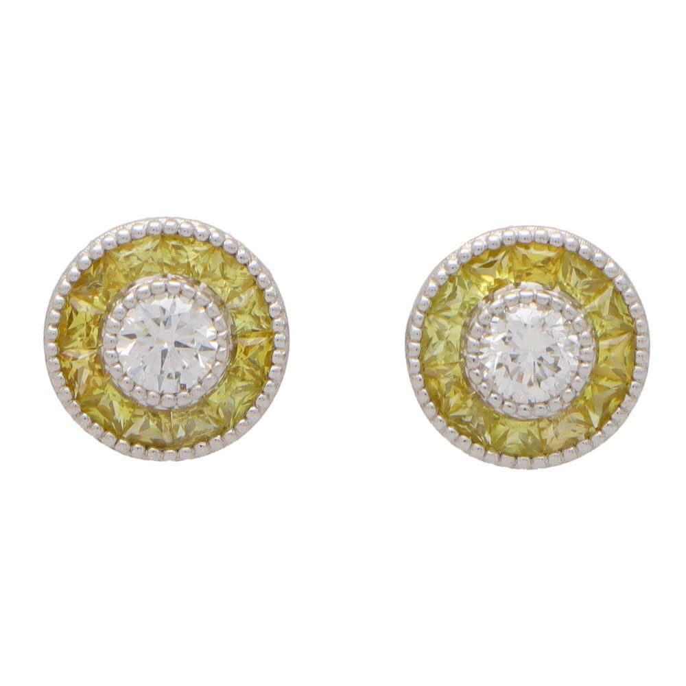 Yellow Sapphire and Diamond Target Cluster Stud Earrings