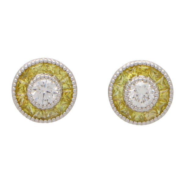 Yellow Sapphire and Diamond Target Cluster Stud Earrings