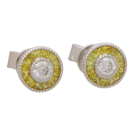 Yellow Sapphire and Diamond Target Cluster Stud Earrings