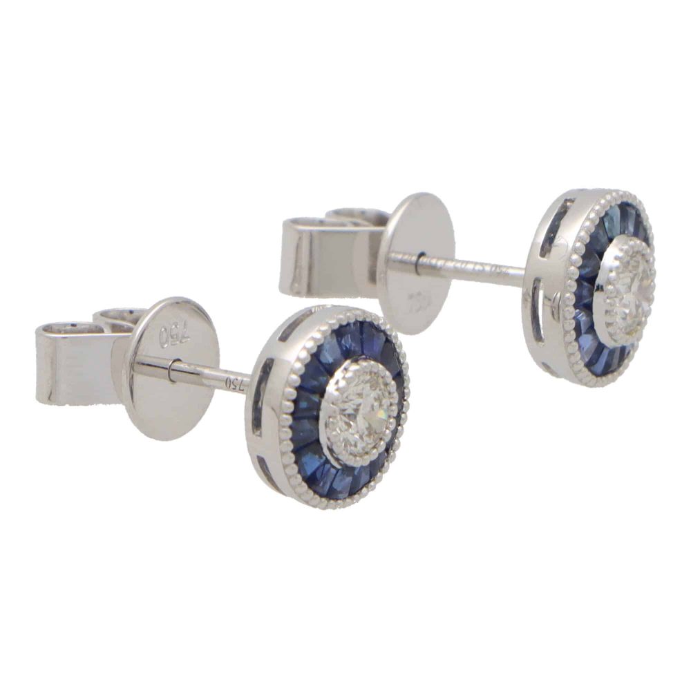 Diamond and Calibre Sapphire Target Cluster Stud Earrings