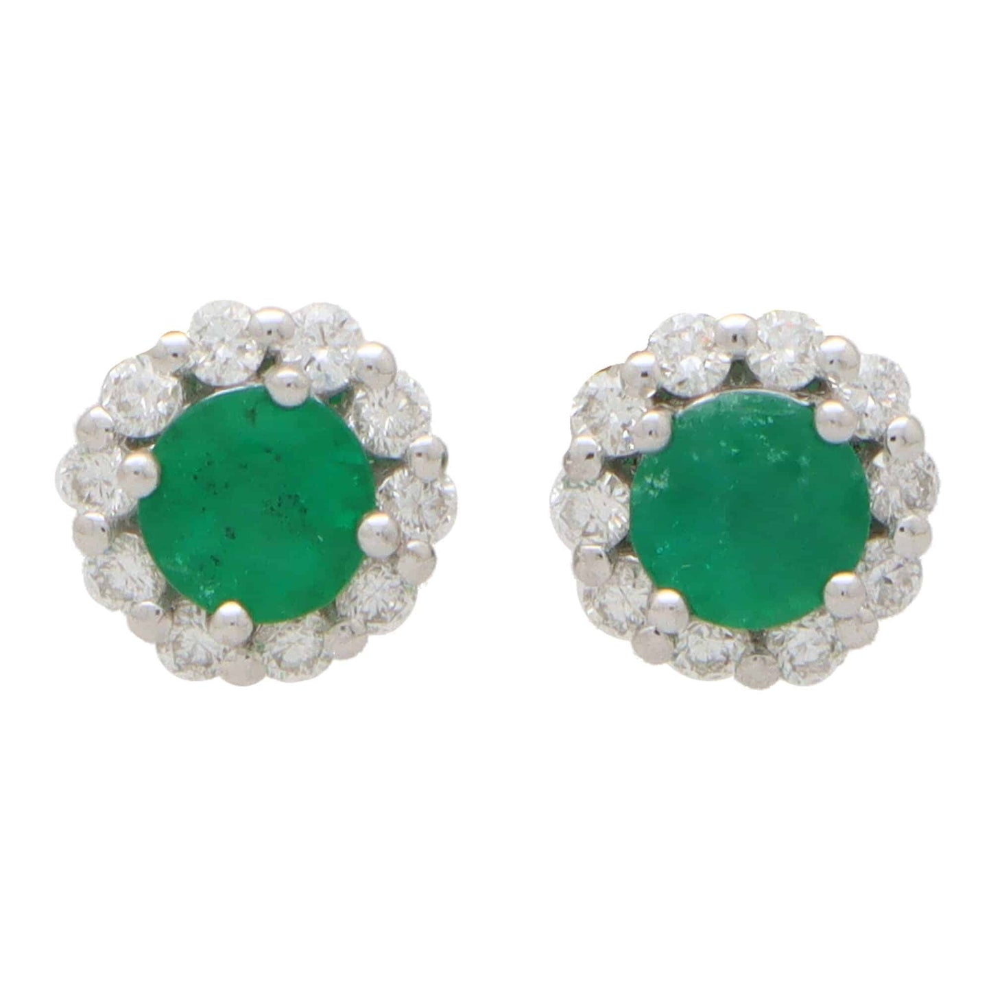 Emerald and Diamond Cluster Stud Earrings, 0.93 carats