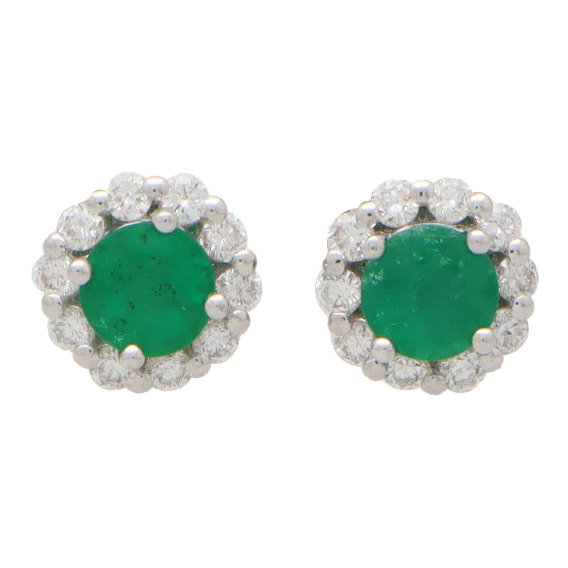 Emerald and Diamond Cluster Stud Earrings, 0.93 carats
