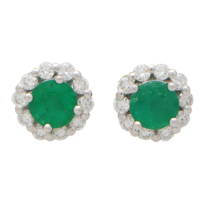 Emerald and Diamond Cluster Stud Earrings, 0.93 carats