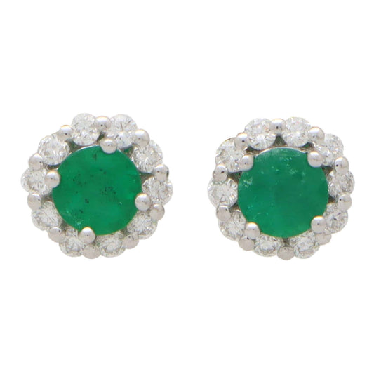 Emerald and Diamond Cluster Stud Earrings, 0.93 carats