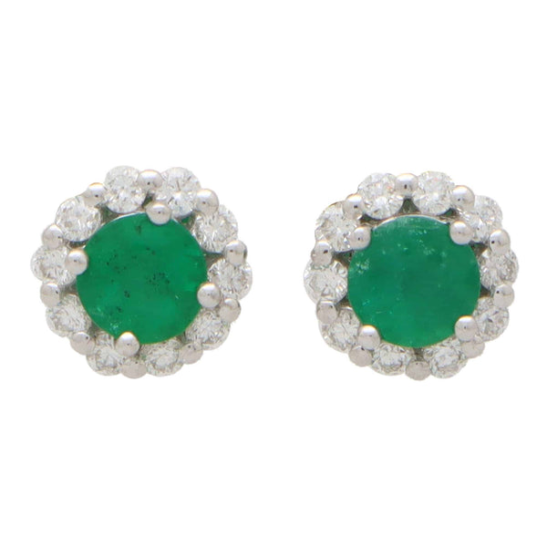 Emerald and Diamond Cluster Stud Earrings, 0.93 carats