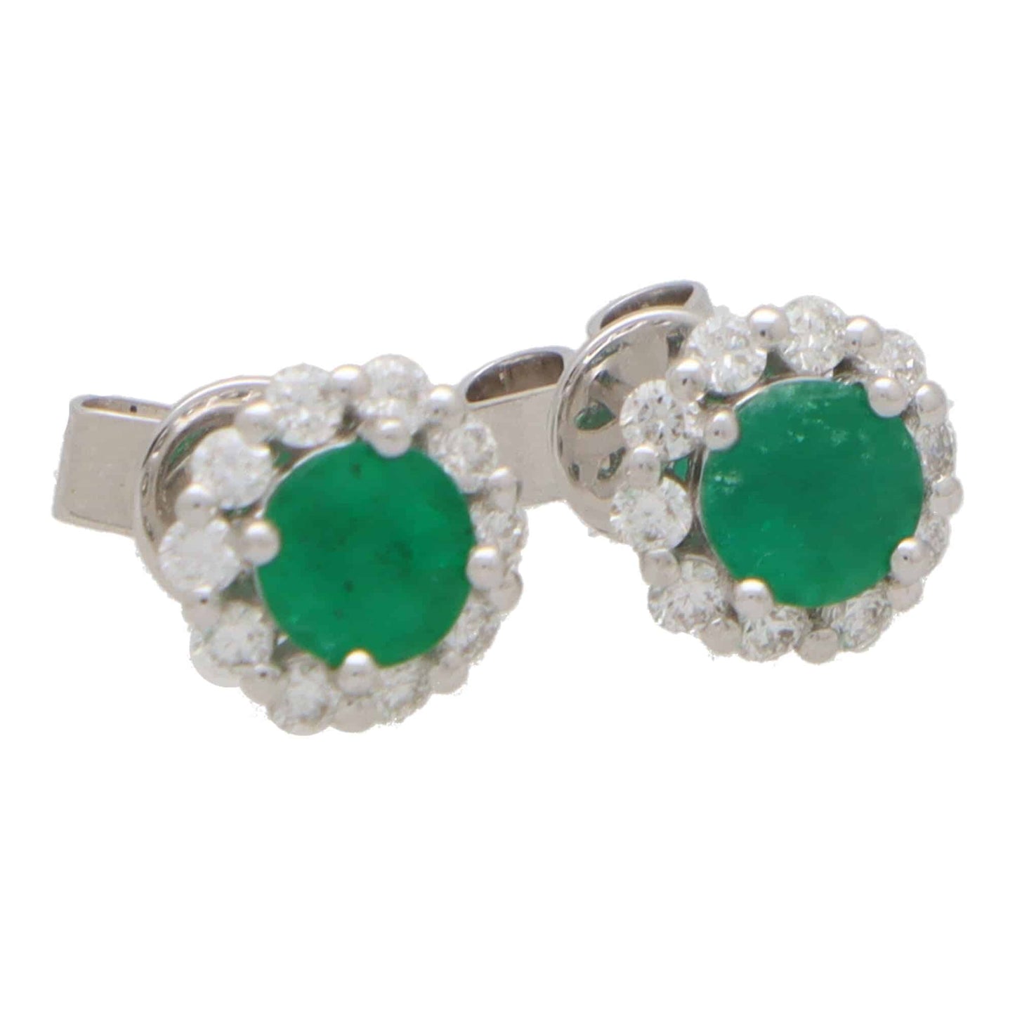 Emerald and Diamond Cluster Stud Earrings, 0.93 carats