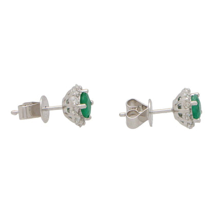 Emerald and Diamond Cluster Stud Earrings, 0.93 carats