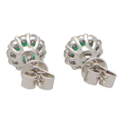 Emerald and Diamond Cluster Stud Earrings, 0.93 carats