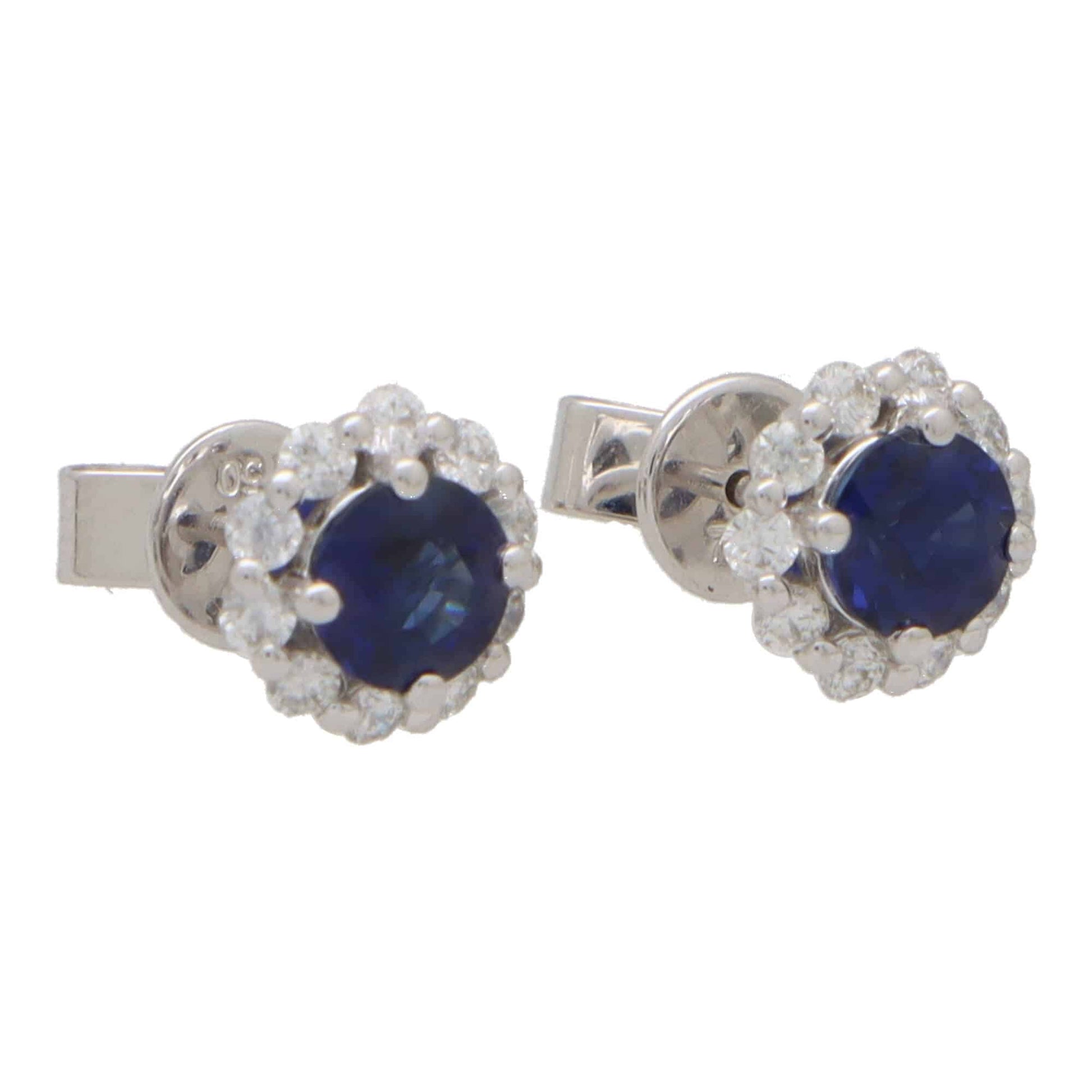 Sapphire and Diamond Cluster Stud Earrings, 1.39 carats