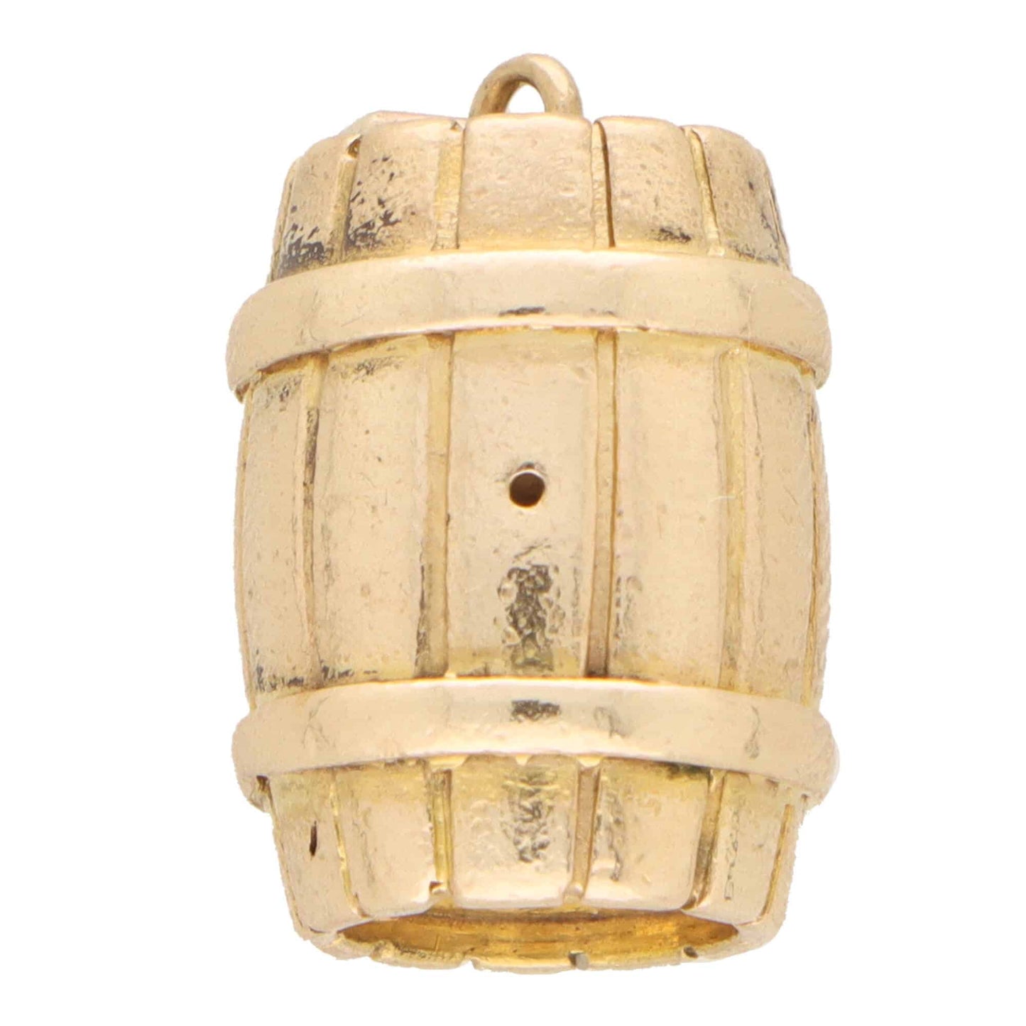 A yellow gold barrel charm, on a white background