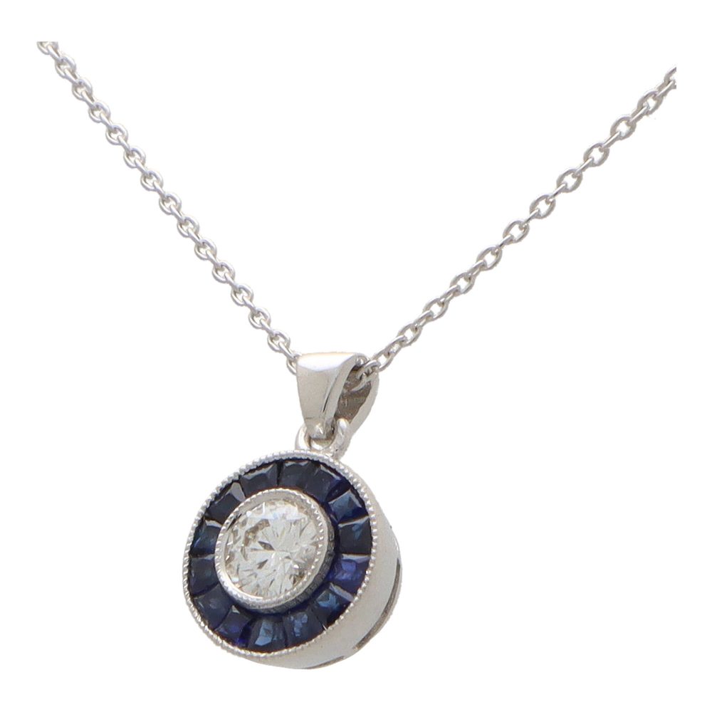 Art Deco Inspired Diamond And Sapphire Target Necklace In White Gold